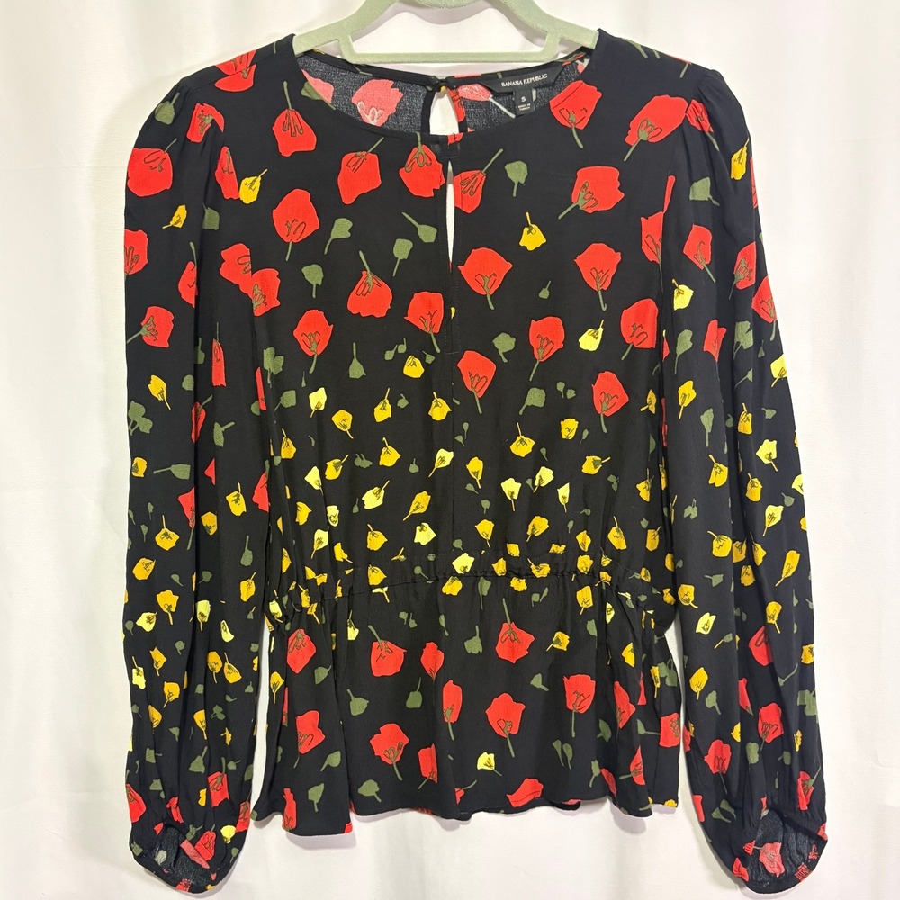 Banana Republic Floral Poppy Blouse Black L/S Cinched Waist S Fall Peplum Office